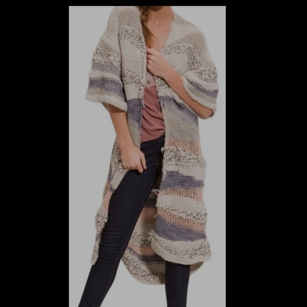 Vintage Free People "Sands of Time" multi-colored striped knit sweater/duster